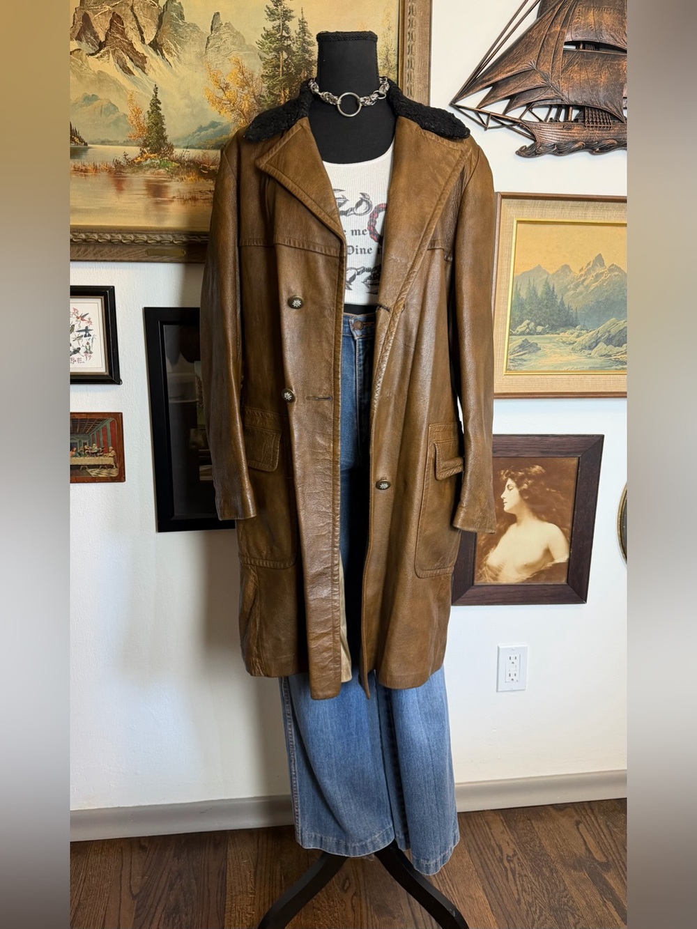 Vintage 1970s Brown Leather Trench Coat Women's M-L